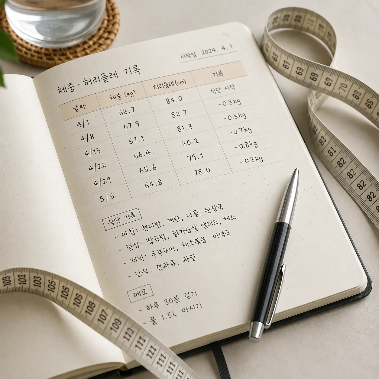 체중과 허리둘레를 기록해 체중 관리 상담을 준비하는 모습