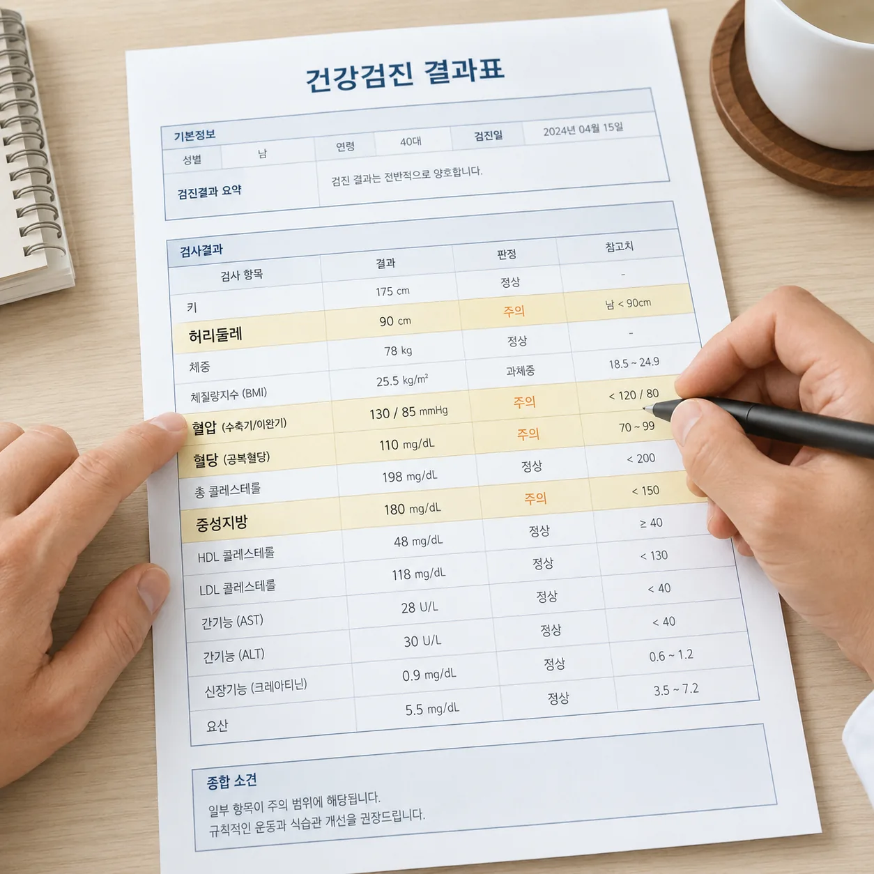 건강검진 결과지에서 대사증후군 위험요인 항목을 확인하는 장면