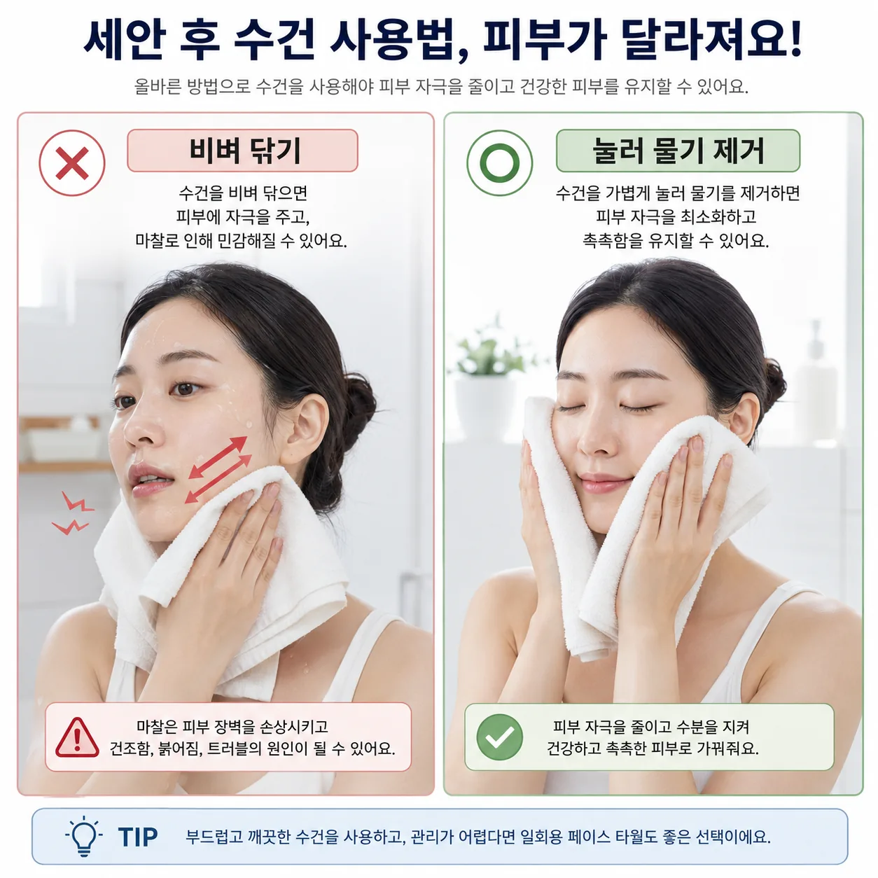 얼굴 편평사마귀 번짐을 줄이는 세안 후 물기 제거 방법 비교