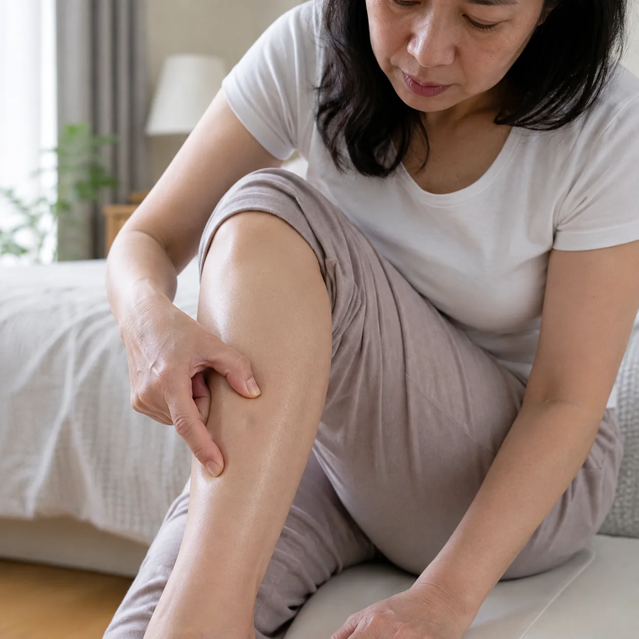 정강이 앞쪽을 눌러 붓기 자국을 확인하는 자가 확인 방법