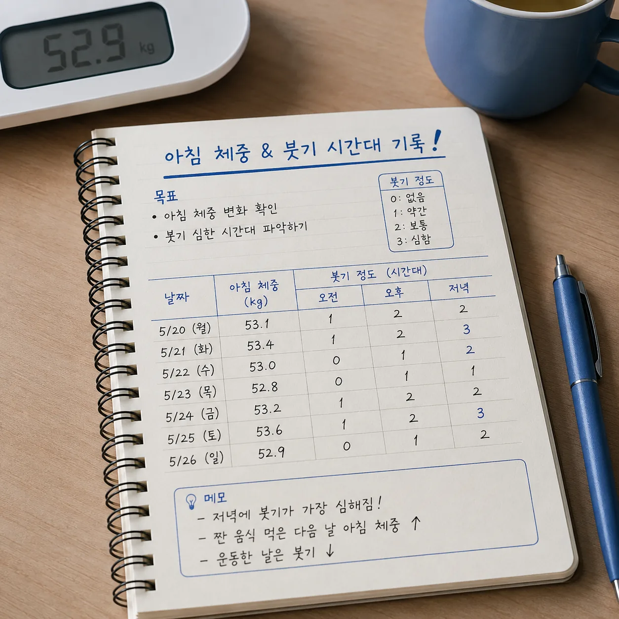 7일 평균 체중과 붓기 시간대를 적어 둔 2주치 기록