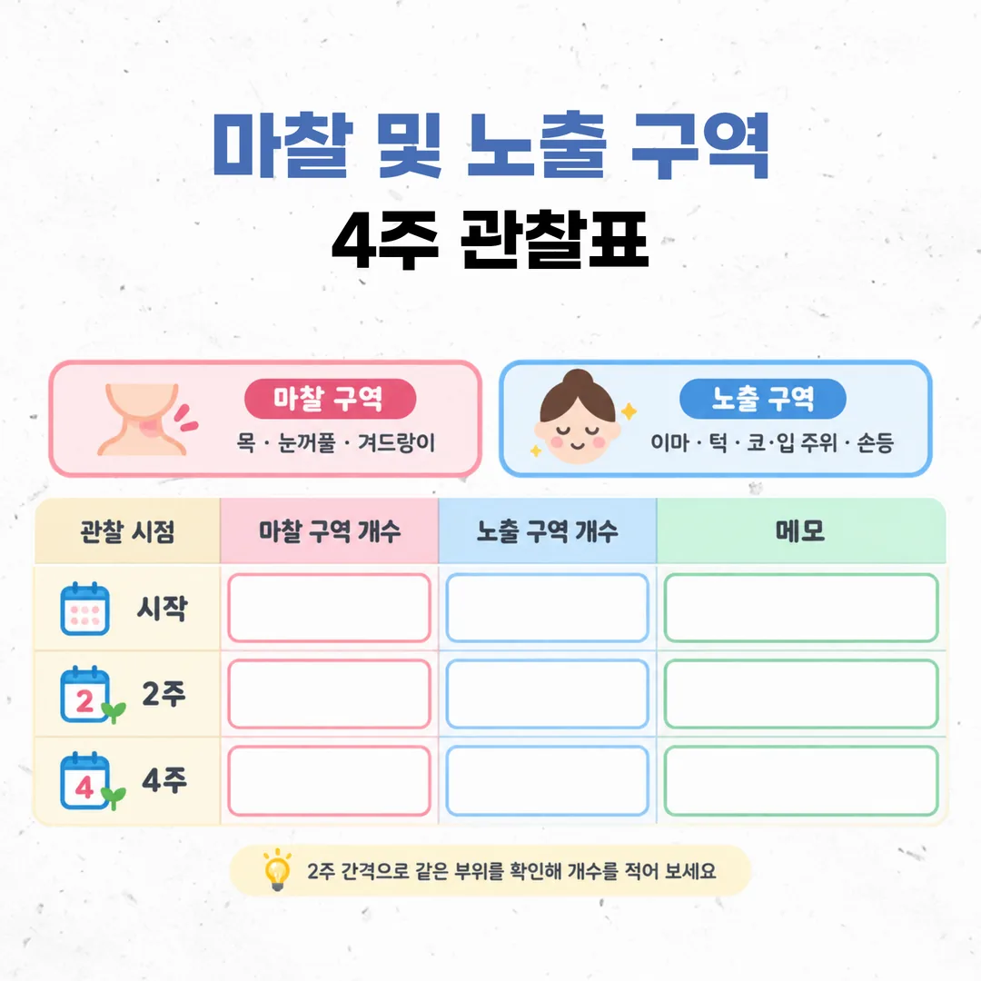 마찰 구역과 노출 구역으로 나눠 개수를 기록하는 4주 관찰표