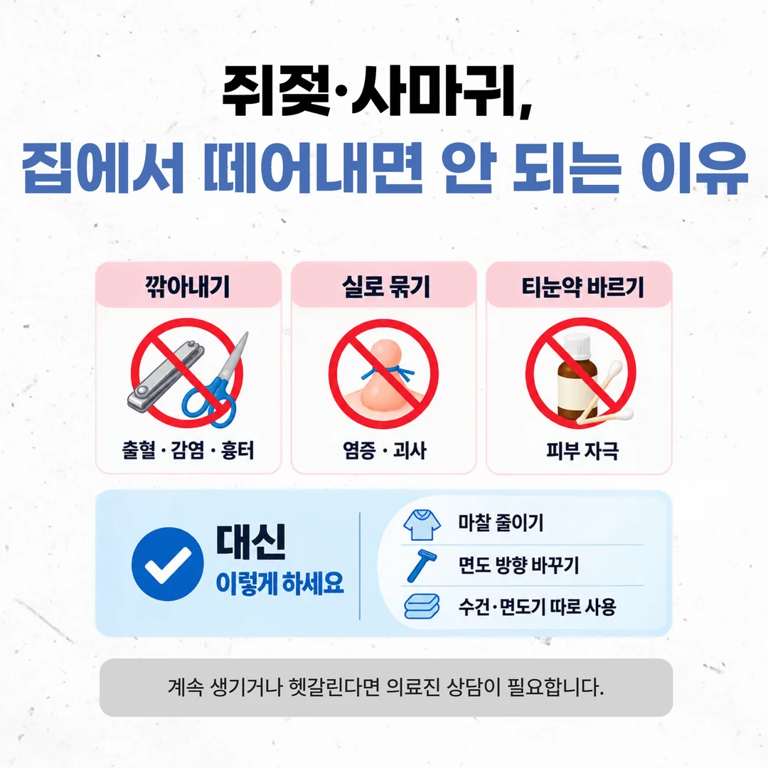 자가 제거 방식 세 가지 금지와 마찰 줄이기 등 대안 안내 그림