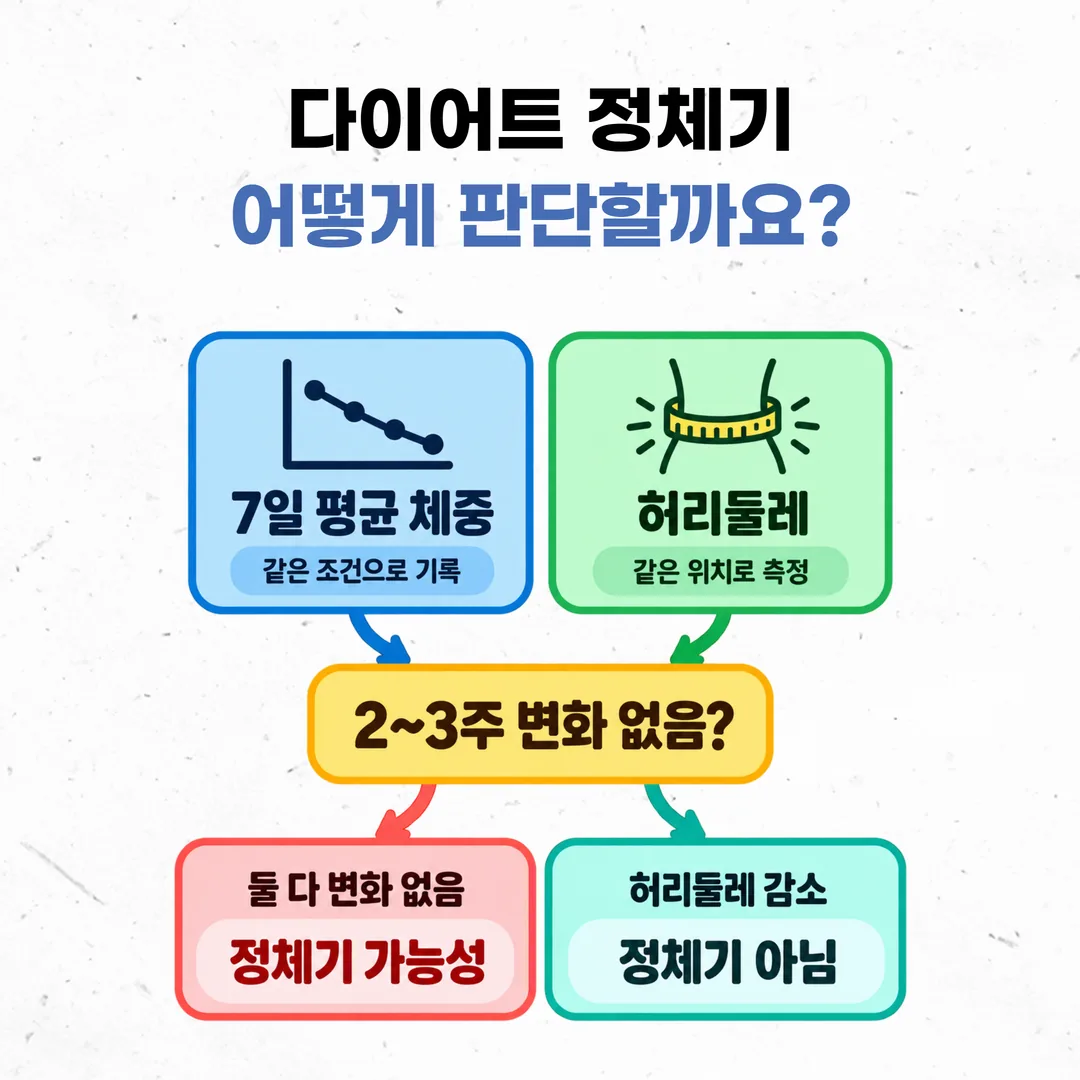 7일 평균 체중과 허리둘레로 다이어트 정체기를 판정하는 흐름 개념도