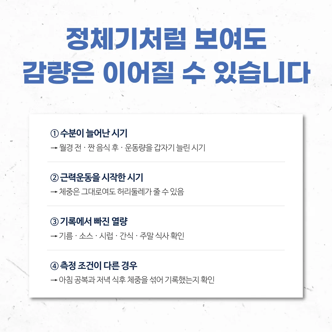 정체기처럼 보이게 만드는 수분, 근육, 기록 누락, 측정 조건 네 가지 경로 관계도