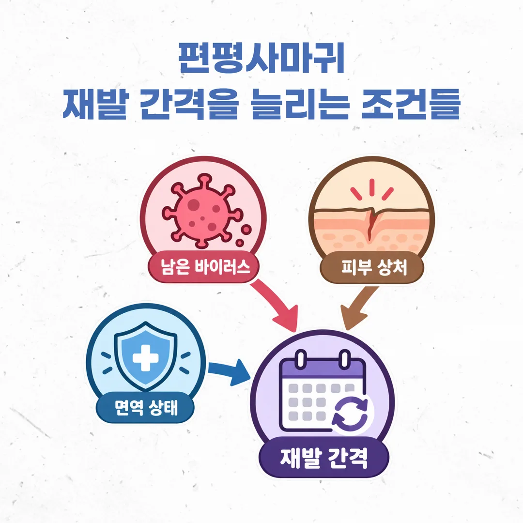 남은 바이러스와 피부 상처와 면역 상태가 편평사마귀 재발 간격에 모이는 관계도